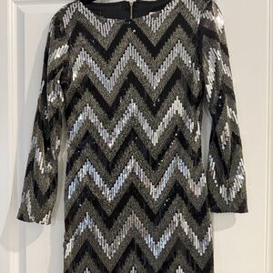 Women's Black Silver Gold Sequin  ChevronParty Dress Long Sleeve Cocktail Dress